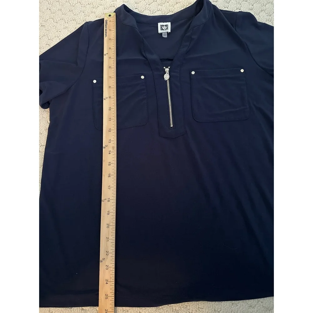 Anne Klein Womens 1X Navy Blue V Neck Zipper Pocket Short Sleeve Top Shirt - Picture 6 of 6